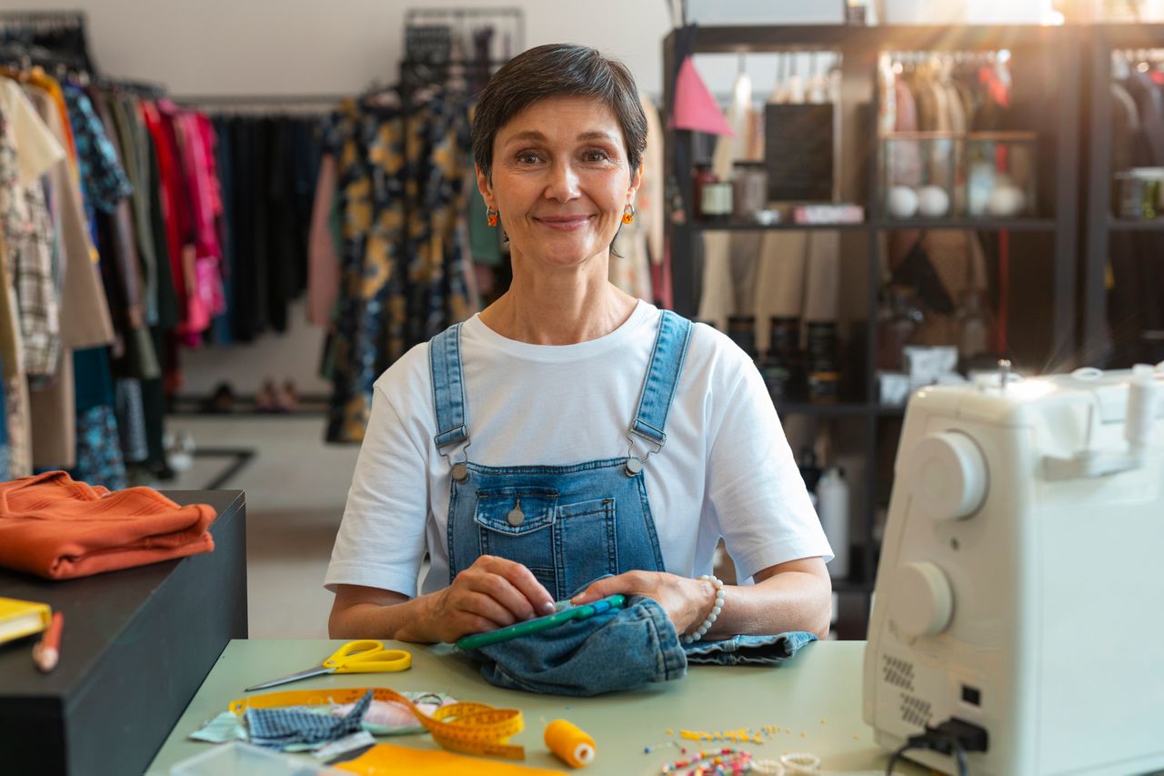 Mujer emprendedora sonriente trabajando en la reparación de artículos de moda en su taller, un espacio creativo donde la moda y la seguridad van de la mano.