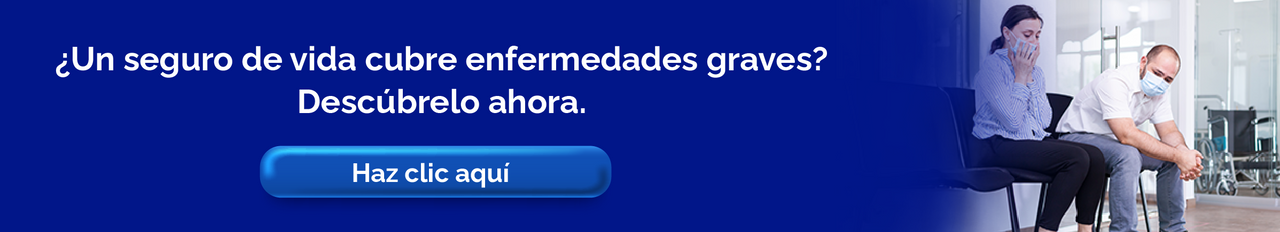 Banner informativo con el texto ¿Un seguro de vida cubre enfermedades graves? Descúbrelo ahora, junto a una pareja con mascarilla esperando en un hospital.