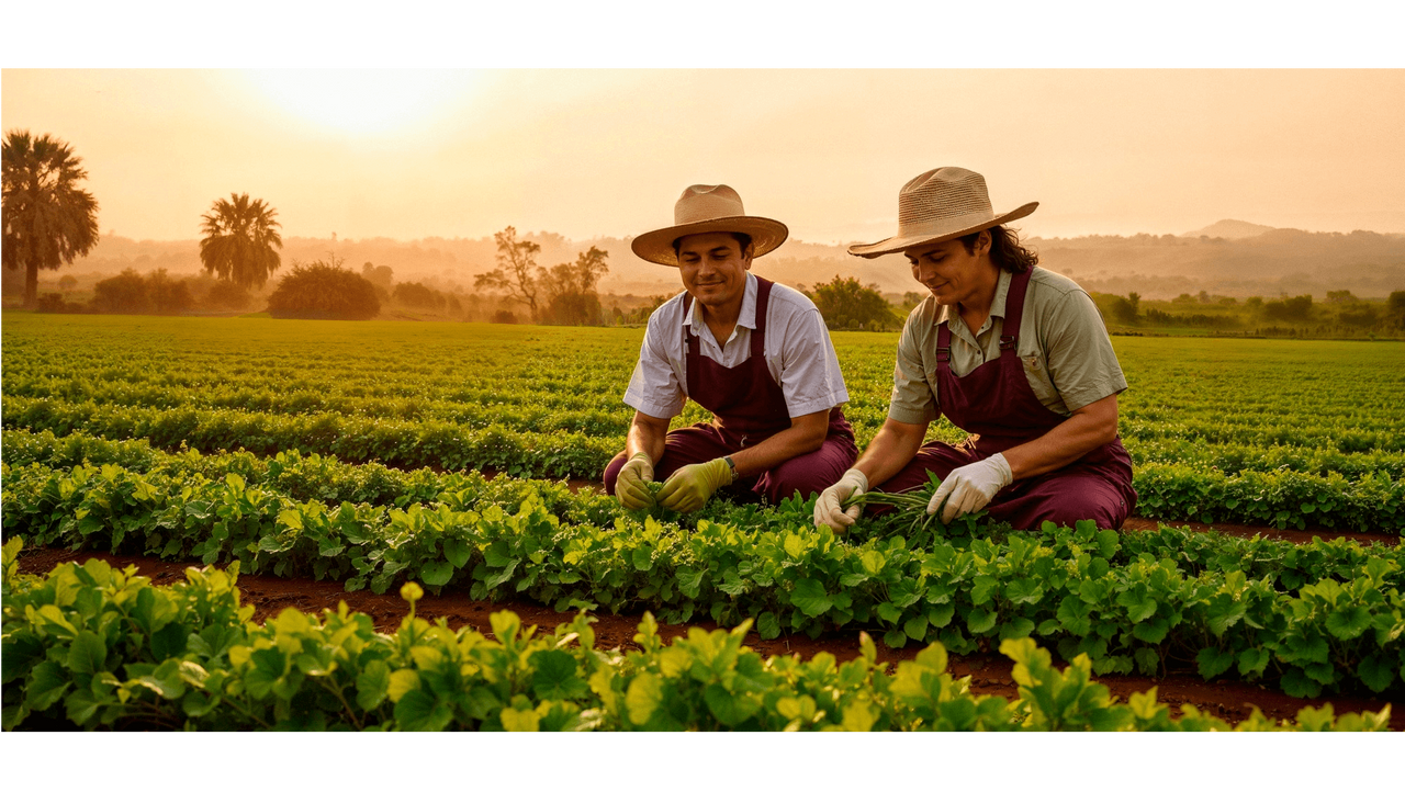 Dos agricultores trabajan en un campo al amanecer, tranquilos porque el futuro de su cosecha está protegido con un seguro agrícola en Ecuador.