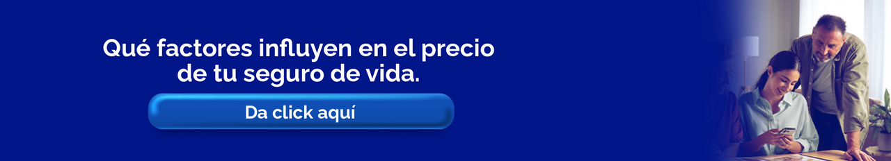 Banner informativo de Seguros del Pichincha con el texto ‘Qué factores influyen en el precio de tu seguro de vida’ y un botón de llamada a la acción que dice ‘Da click aquí’, acompañado de una pareja revisando información en una tableta.