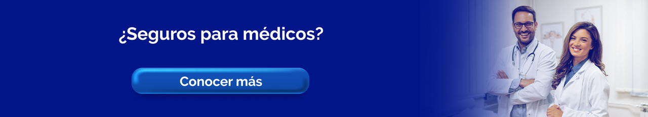 Banner promocional de seguros para médicos, con dos profesionales de la salud y un botón para conocer más detalles sobre la cobertura.