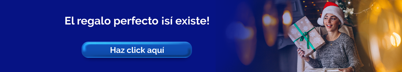 Mujer con gorro navideño sosteniendo un regalo, destacando el mensaje