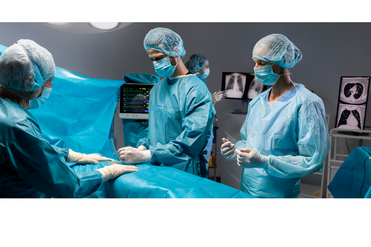 Equipo médico realizando una cirugía en quirófano moderno, con monitores y rayos X de tórax visibles al fondo.