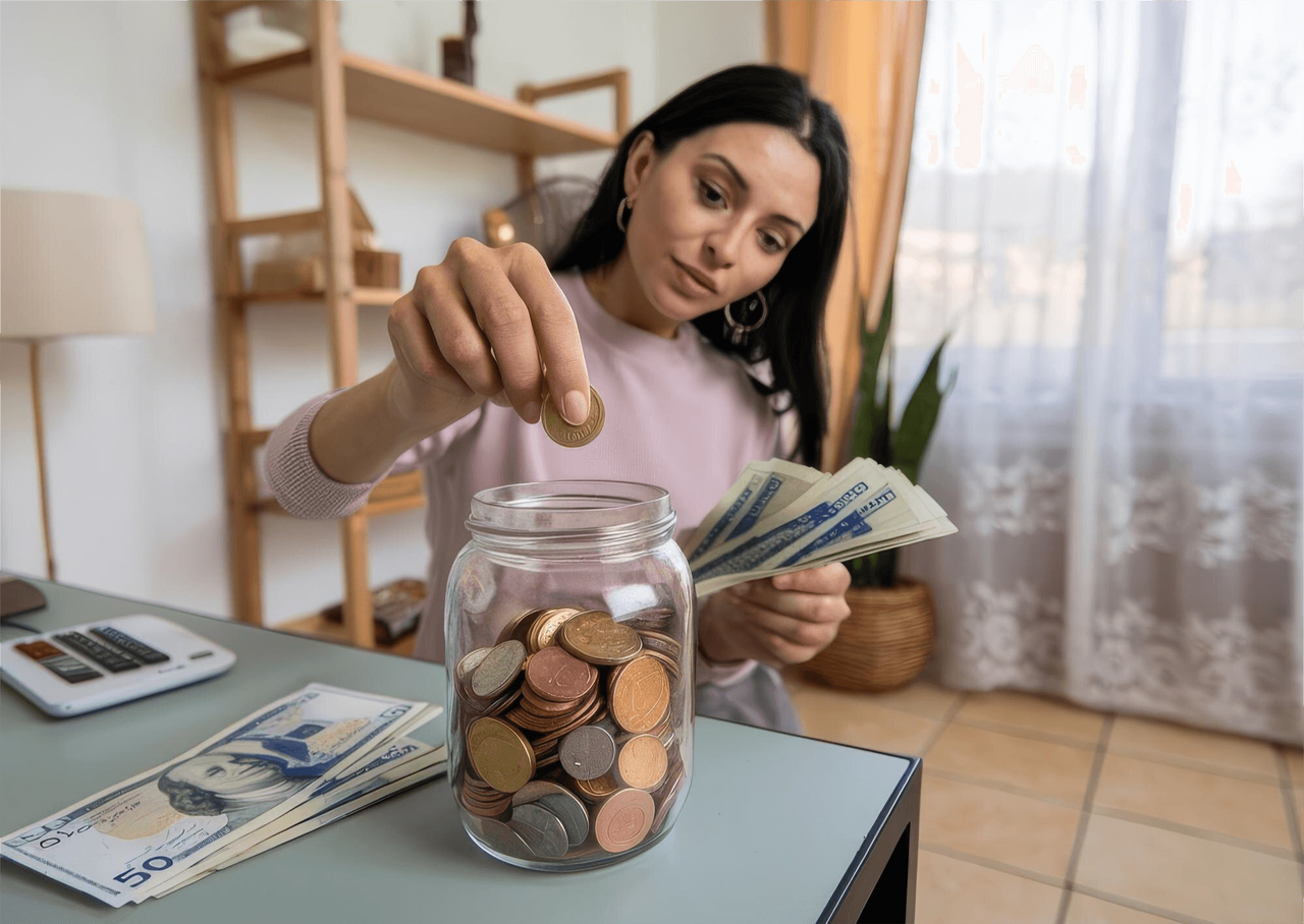 Mujer guardando monedas en un frasco transparente mientras sostiene billetes, representando el ahorro para independizarte y lograr estabilidad financiera.