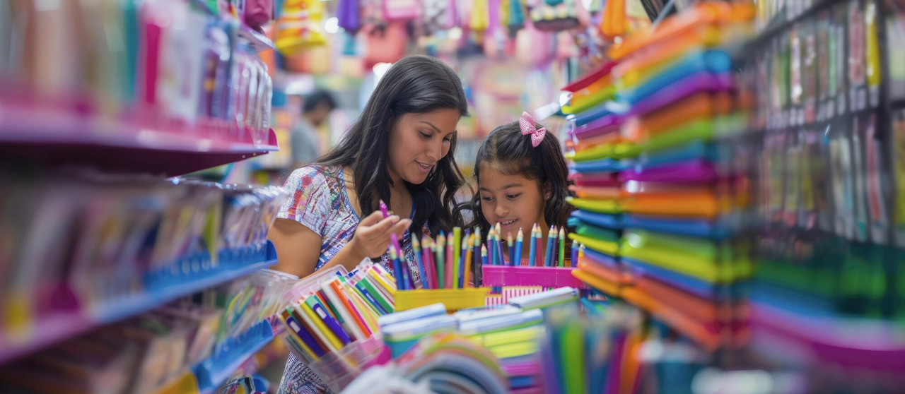 Madre e hija comprando útiles escolares en una tienda llena de materiales coloridos para el regreso a clases.