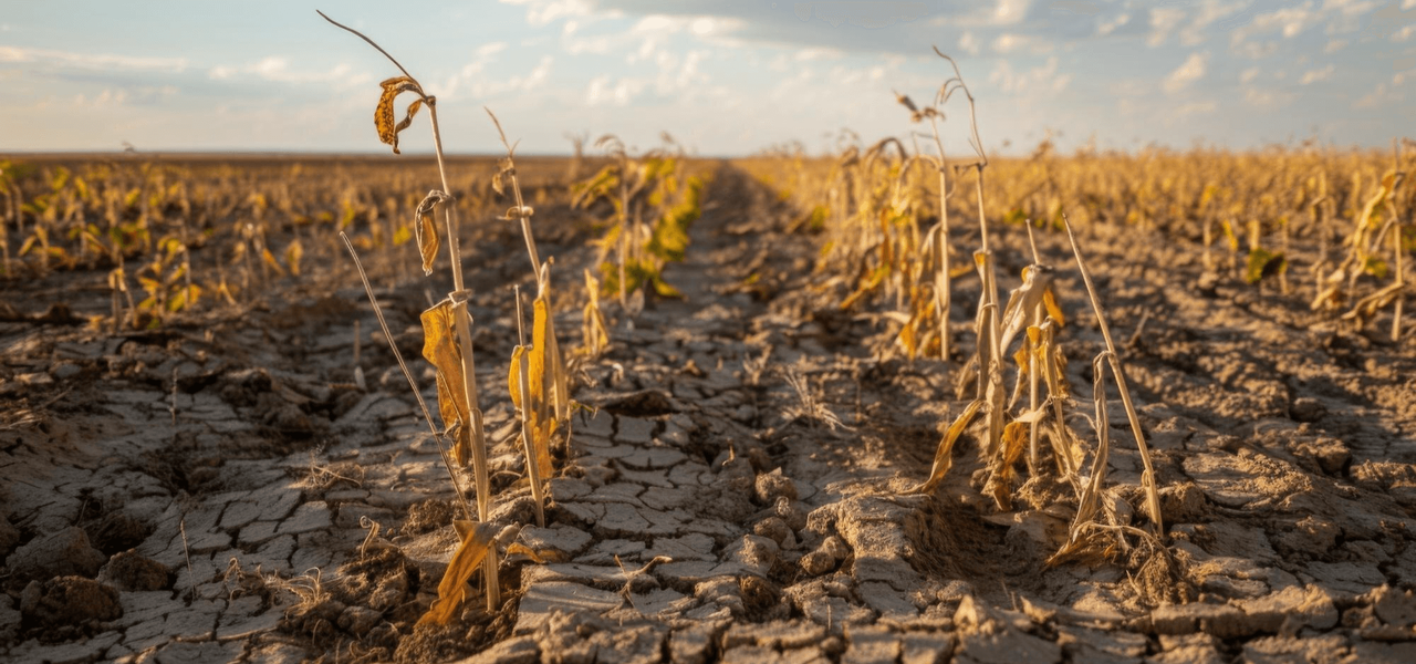 Campo agrícola seco y agrietado con cultivos marchitos por sequía, ilustrando la importancia de contar con un seguro agrícola en Ecuador