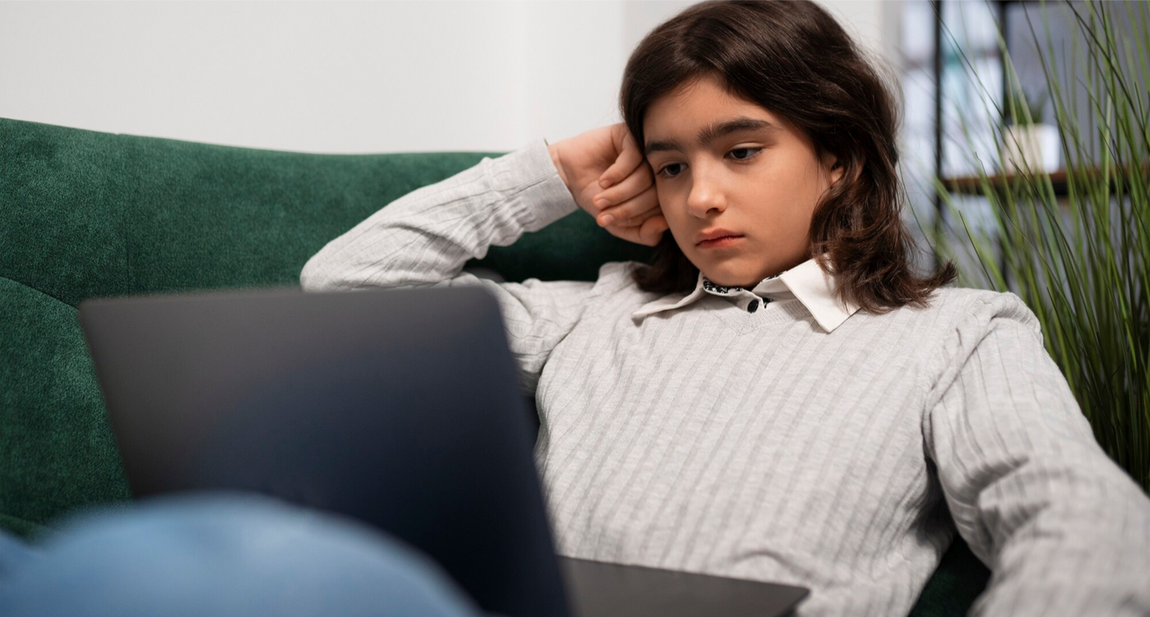 Adolescente con audífonos observando una pantalla en la oscuridad, representando los peligros de la IA en el asesoramiento de la salud mental de los jóvenes.