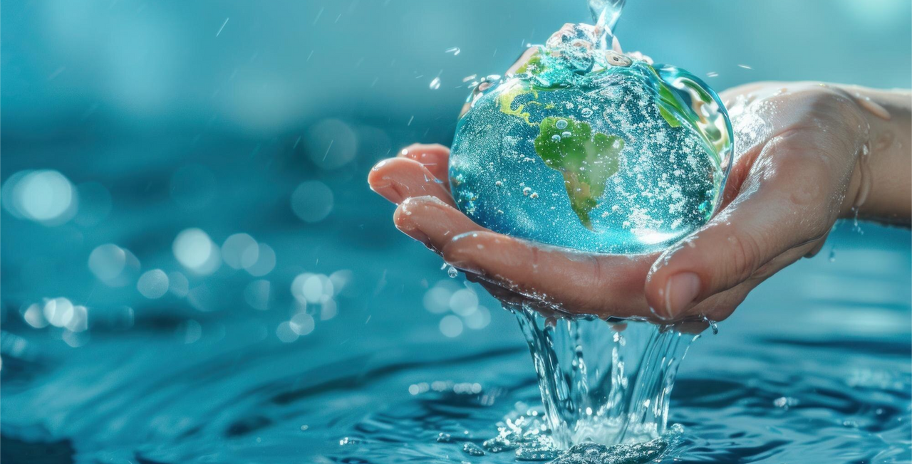 Mano sosteniendo el planeta Tierra hecho de agua, simbolizando la importancia de cuidar el agua frente a la sequía global.