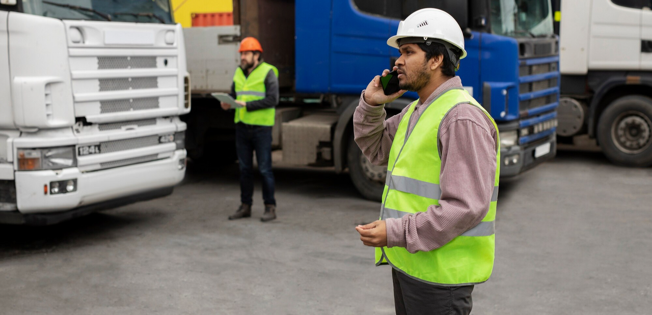 Trabajadores de transporte en Ecuador con chalecos reflectivos y cascos revisando camiones de carga, simbolizando la importancia del seguro de transportes terrestres frente a la preocupación por robo de mercancía.
