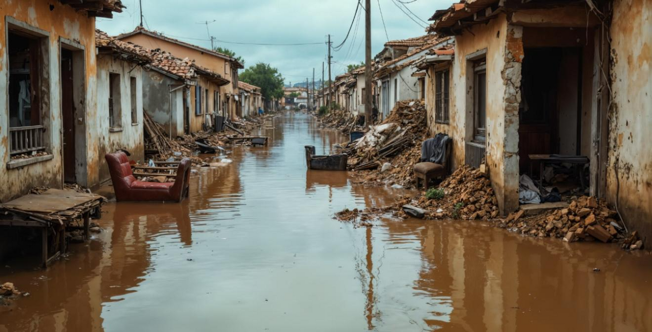Calle inundada con viviendas dañadas y muebles destruidos por fuertes lluvias, ilustrando los riesgos en época de lluvias y desastres naturales, y la importancia de contar con un seguro para proteger el hogar.