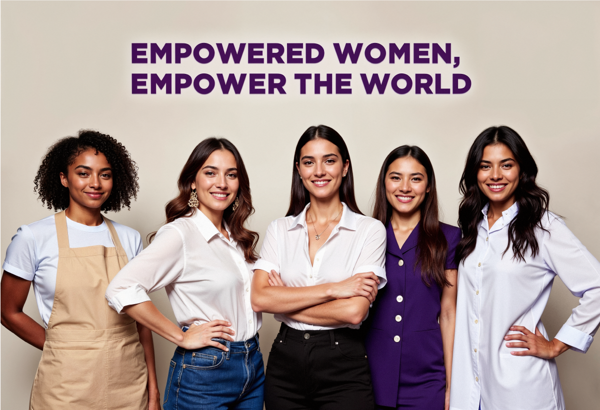 Grupo de mujeres empoderadas de diferentes profesiones representando el liderazgo femenino y el impacto del emprendimiento en la sociedad.