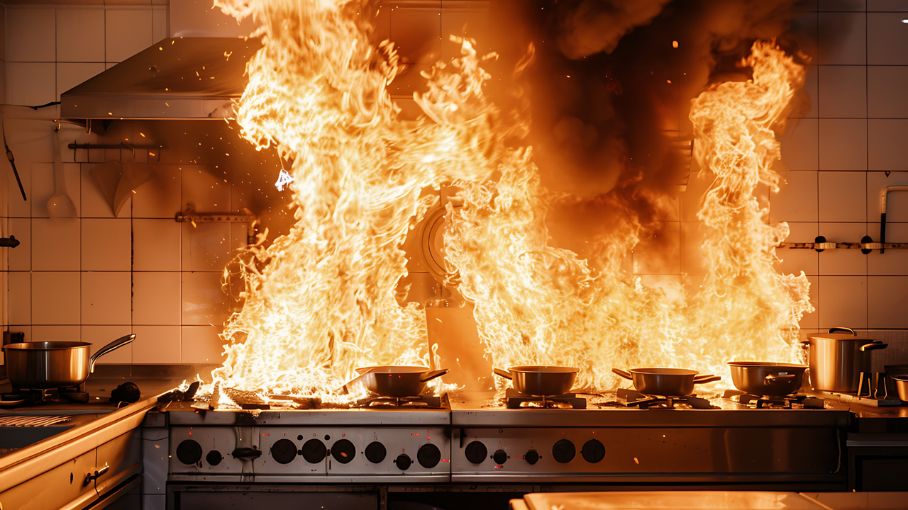 Incendio intenso sobre una línea de estufas industriales en una cocina, con llamas elevadas y humo denso.