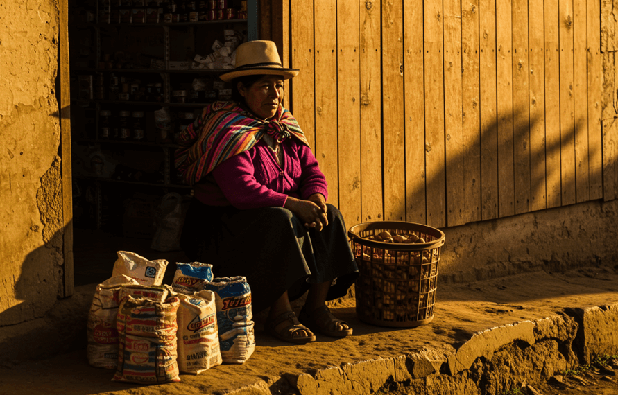 Mujer indígena sentada frente a su tienda rural al atardecer, con sacos de alimentos y una canasta a su lado. Imagen utilizada para ilustrar la importancia de los microseguros en comunidades rurales andinas.