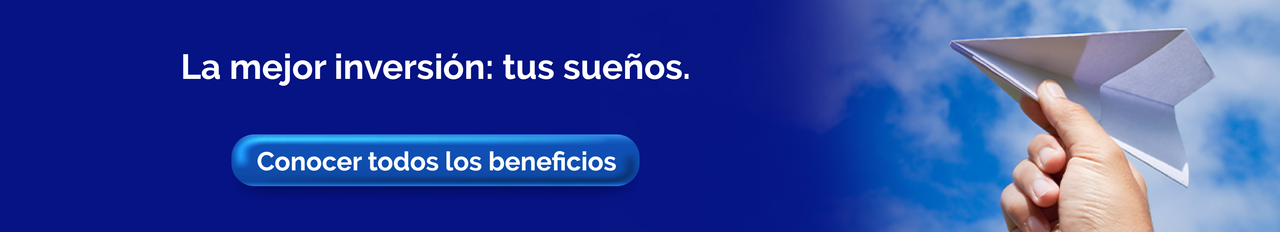 Mano sosteniendo un avión de papel, simbolizando el emprendimiento y el crecimiento de un negocio. Fondo de cielo azul con el mensaje 'La mejor inversión: tus sueños'.