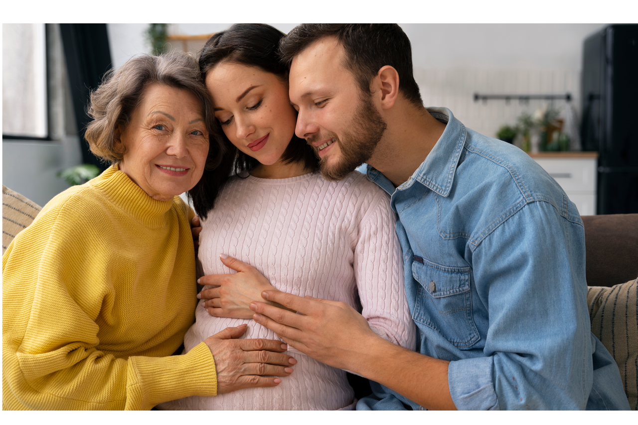 Familia multigeneracional acariciando el vientre de una mujer embarazada, representando apoyo y unión durante el embarazo.